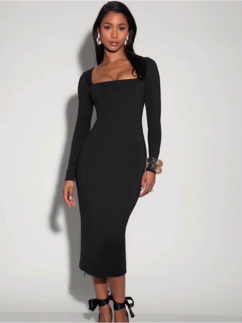TA3 Sculpting Squarey Long Sleeve Black Dress, Size XL